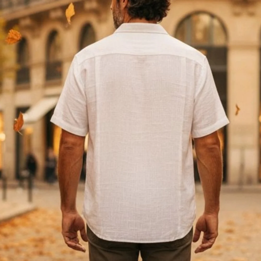 Runcati Men's Button Down Shirt, Short Sleeve White, Large Stretchy, Lightweight - Picture 2 of 10